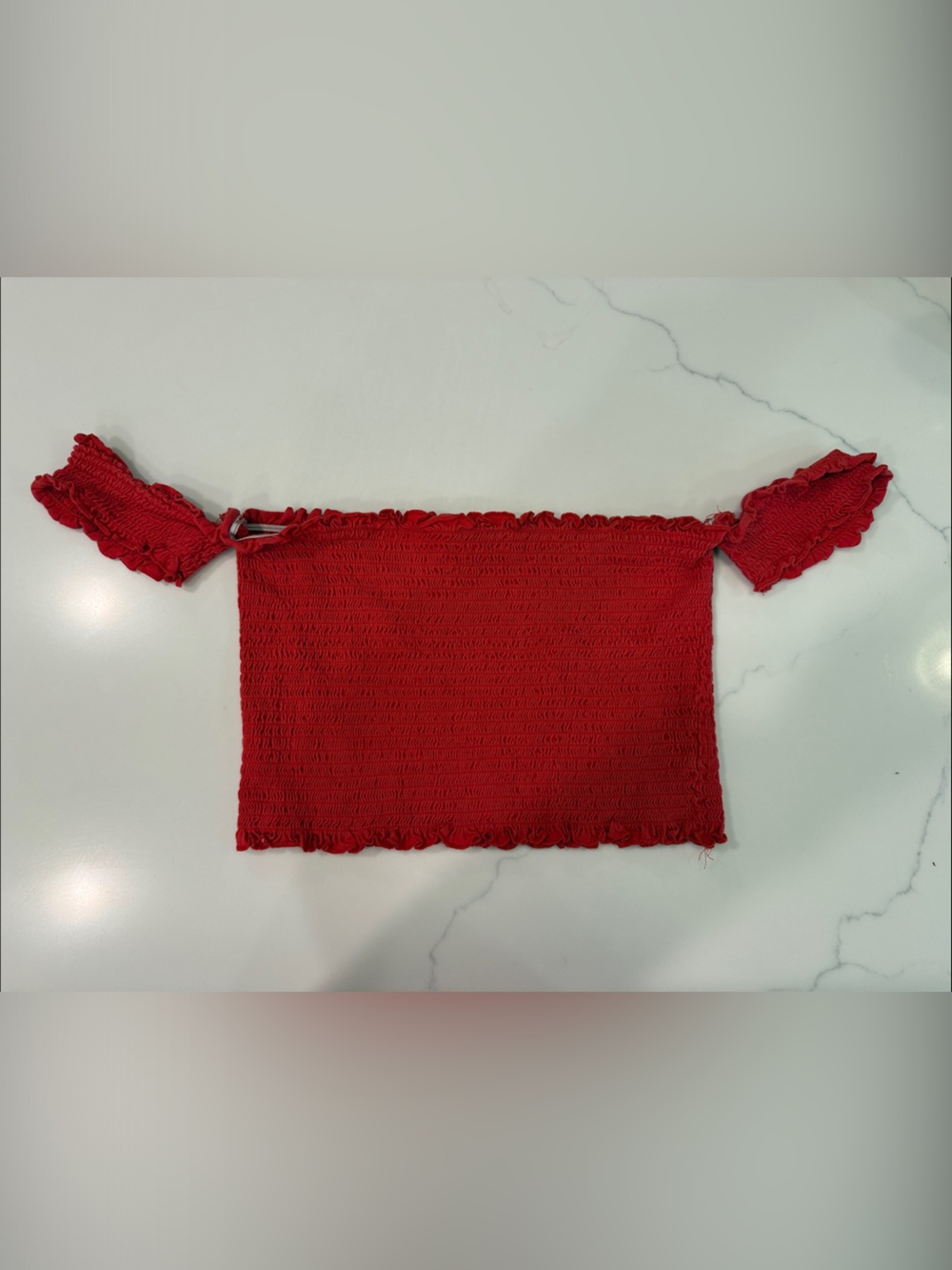 Me to We Red Smocked Off-Shoulder Crop Top